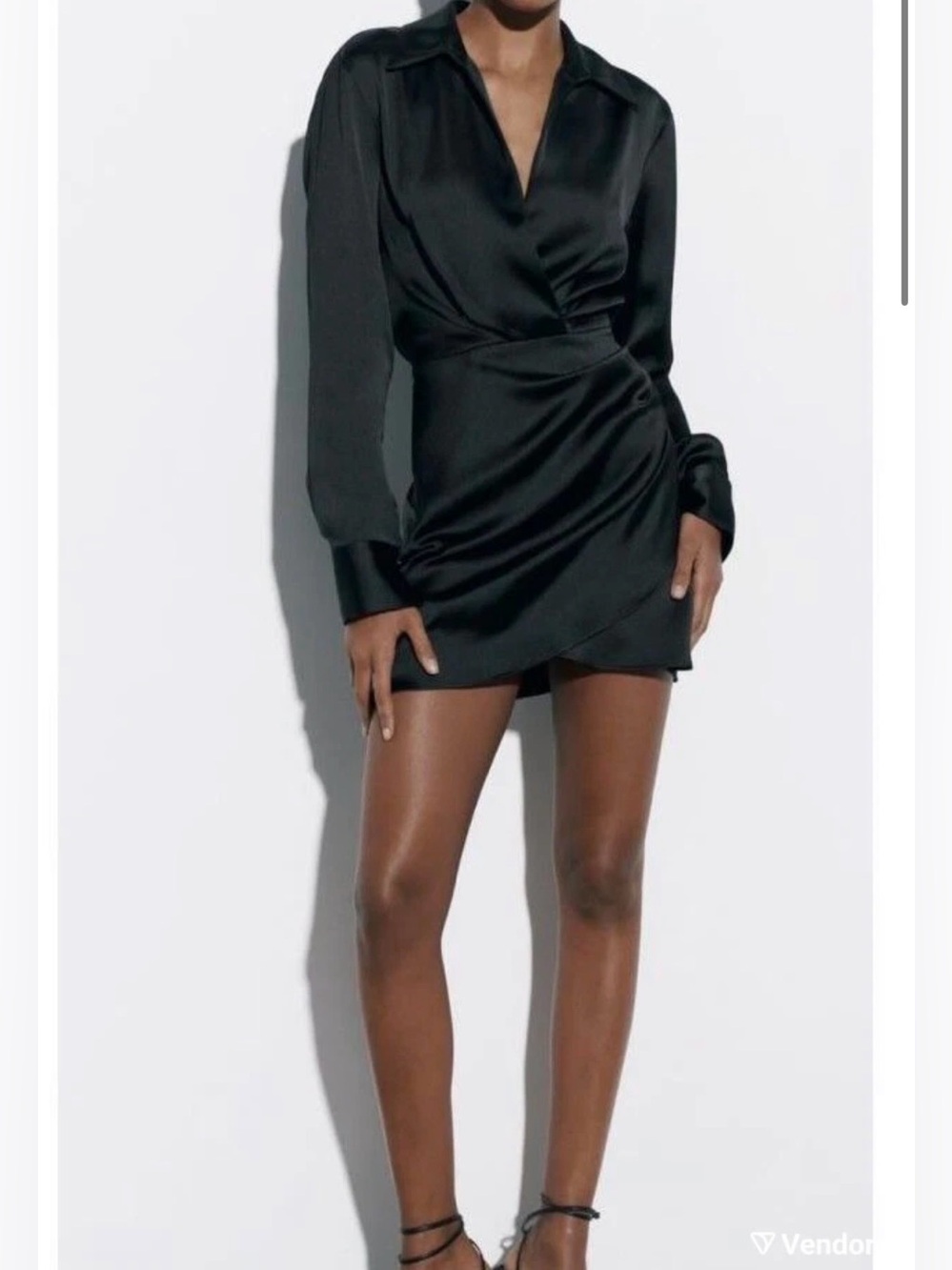 Lucy Paris Black Satin Wrap-Front Long Sleeve Dress